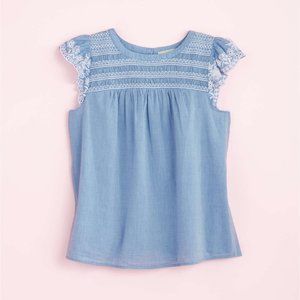 LOFT Petite Embroidered Ruffle Sleeve Top